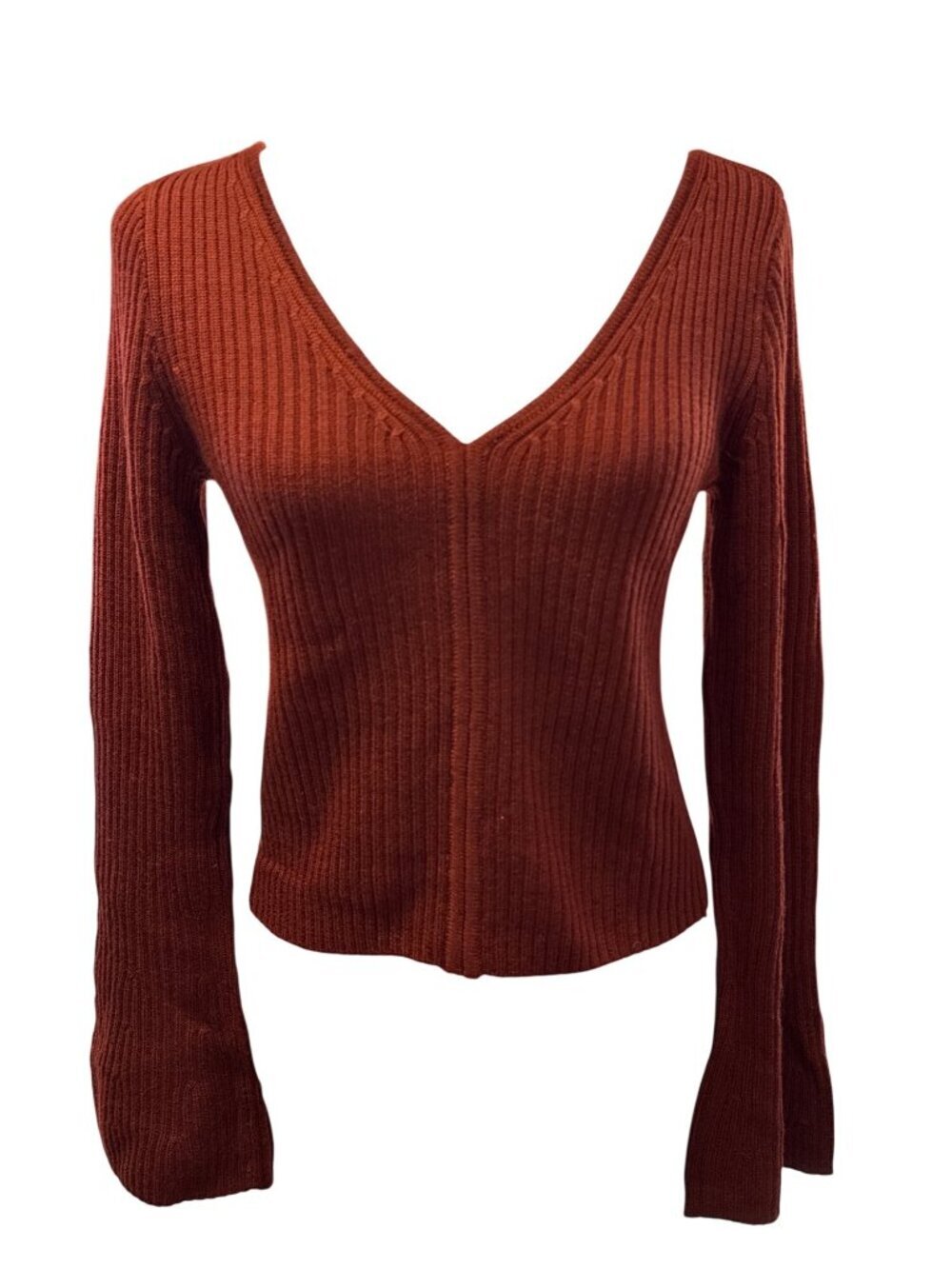 Madewell Ribbed V-Neck Sweater Top in Merino Wool~Size M~Deep Rust Red NWoT L726 - Picture 3 of 9